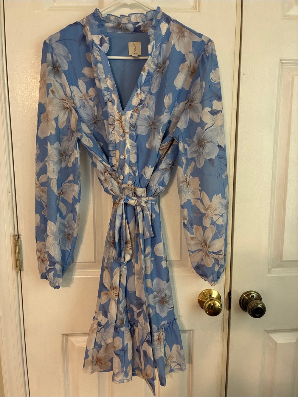 Joie Blue Floral Tie-Waist Long Sleeve Dress